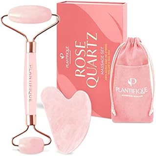 Premium Face Roller and Gua Sha Stone - Rose Quartz Roller and Gua Sha Set - Anti Aging Face Rollers for Women & Men - GuaSha Tool and Face Massager - Skincare Facial Beauty Products by Plantifique
