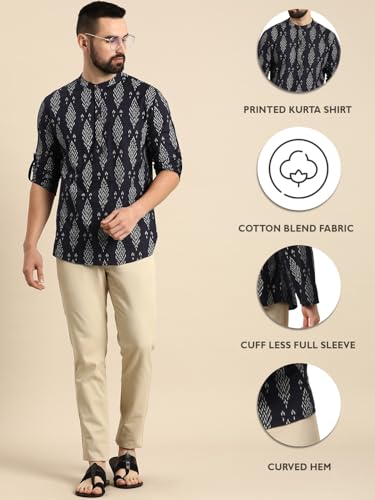 Image of Zombom Men's Cotton Polyester Blend Solid Regular Fit Full Sleeve Printed Short Kurta | Ethnic, Lightweight Summer Kurta for Daily & Occasion Use | Men's Trendy Short Kurta