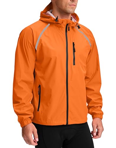 Bikewa Men's Cycling Rain Jackets Waterproof Running Bike Windbreaker Hooded Reflective Biking Windproof Bicycle Riding(Orange,L)