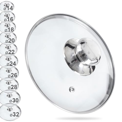 ORION Universal Glass Pot Lid with Stainless Steel Ring - Heat-Resistant 200°C, Diameters 14-30 cm, Clear, 14 cm