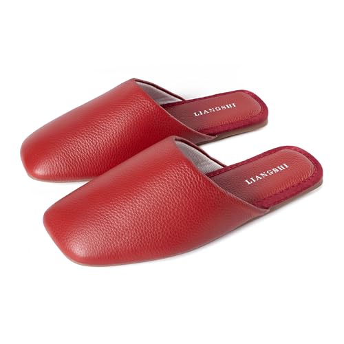 Hyfant Top Grain Leather Slippers Women Genuine Leather Slippers Scuff Slippers With Latex Pad for Women and Men Minimalist Mules House Slip-on Shoes for Office Home Bedroom Living Room Guests Visitor
