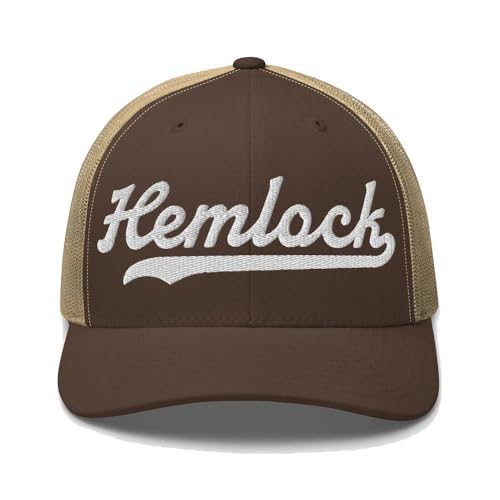 Hemlock Hat Hemlock Trucker Hat Baseball Script Embroidered Cap Vintage Sports Mesh Swoosh Gift Souvenir Headwear in MI NY OH Brown/Khaki