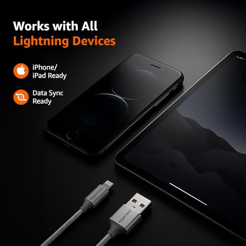 Image of amazon basics Nylon Braided USB to Lightning Fast Charging and Data Sync Cable Compatible for iPhone 14,13, 12,11,X, 8, 7, 6, 5, iPad Air, Pro, Mini (3 FT Pack of 1, Grey)