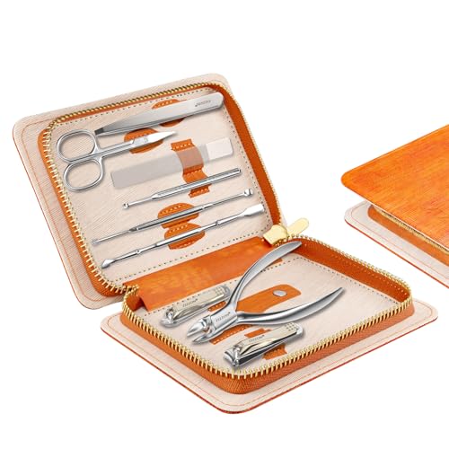 ZIZZON Juego de manicura profesional de acero inoxidable para uñas de los pies y las manos 9 en 1, kit de pedicura y aseo con estuche de viaje (naranja)