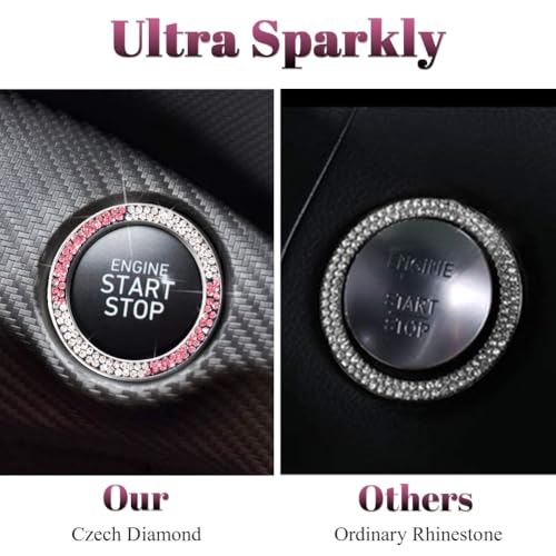 Image of ToBeQueen White Pink Bling Push Start Button Cover Emblem Sticker, Crystal Diamond Rhinestone Push Start Ring Car Decor, Pink and White Bling Car Accessories