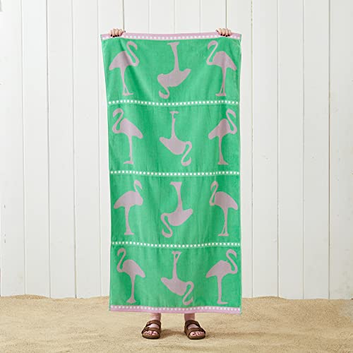 Great Bay Home 100% Cotton Velour Beach Towels, 2 Pack 30” X 60” Large Absorbent Pool Towels, Soft And Quick Dry Swim Towels For Adults, Flamingo Green/Pink #TOP4