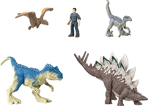 Jurassic World Toys Dominion Chaotic Cargo Pack Of 5 Mini Figures, 1 Human & 4 Dinosaur Toys In Cargo Truck-Themed Package #TOP1