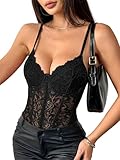 Lilosy Sexy Mesh Sheer Floral Lace Corset Lingerie Bodysuit Bustier Cami Top See Through Women One Piece Black Medium