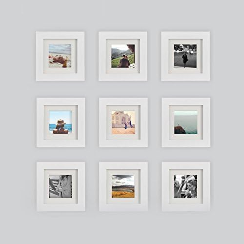 Tiny Mighty Frames 9-set, Wood Square Instagram Photo Frame, 6x6 (5.5x5.5 Window), 4x4 Mat (3.75x3.75 Window), Hanging (9, WHITE)