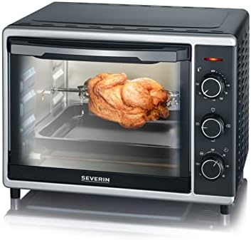 SEVERIN Horno tostador con función de convección, mini horno tostador con grill y recogemigas, horno pequeño con 1 bandeja de asado y asador giratorio, 1600 W, 30 L, negro, TO 2056
