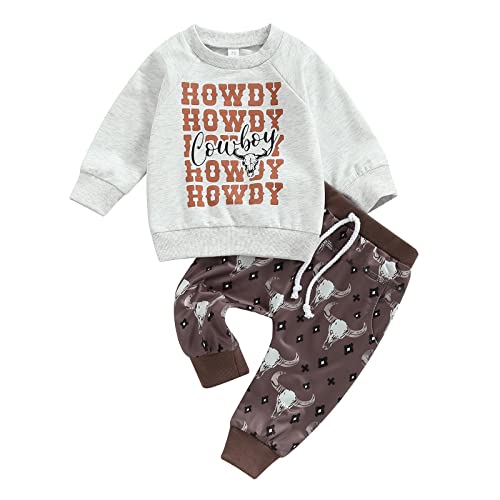 Image of 2Pcs Toddler Baby Boy Western Clothes Cow Print Long Sleeve Pullover Sweatshirt Tops+Jogger Pants Fall Winter Outfits