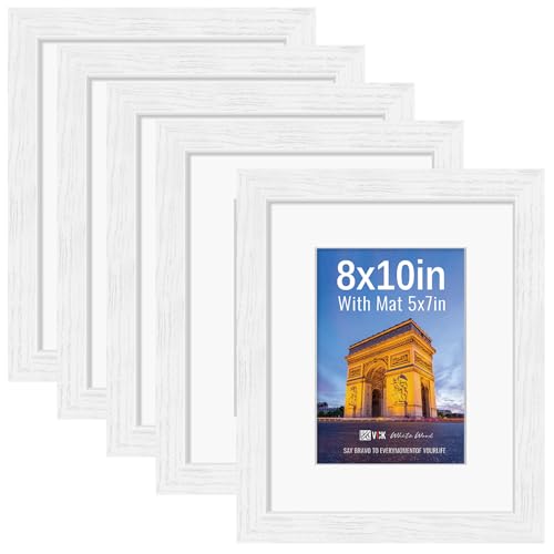Image of VCK 8x10 Picture Frame 5 Pack, White Exclusive Wood, HD Glass, for Photo