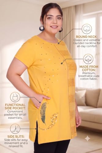 Image of Women Printed Cotton Tshirt with Side Slits & Pocket