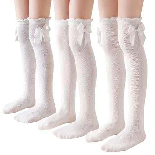 DoSmart Girls Knee High Socks Kids White Ruffled Lace Tall Boot Cotton Princess Bow Frilly Dress Socks 3 Pairs(3 Pairs Mix Lace)