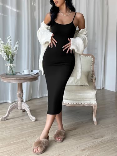 Image of Aahwan Black Solid Bodycon Midi Side Split Thigh Dress for Women's & Girl's