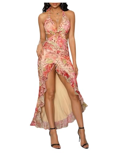 WDIRARA Women's Halter Cut Out Dress Floral Cheetah Print High Slit Dresses