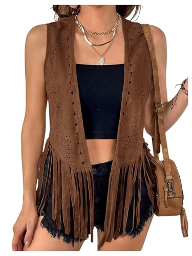 GORGLITTER Women's Plus Fringe Vest Cardigan 70s HippieTassel Sleeveless Open Front Jackets Western Cowgirl Outfit