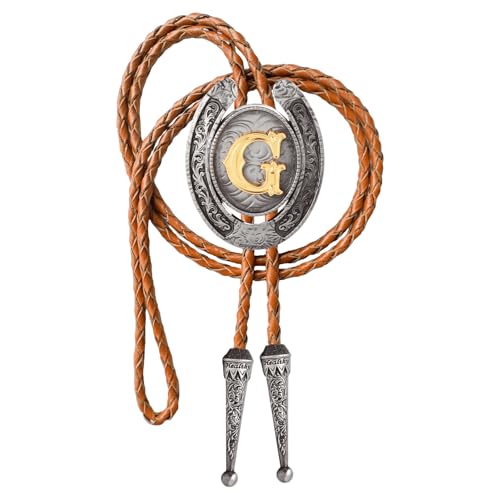 Image of Vintage Western Cowboy Monogram Initial Letter Bolo Tie for Men | Premium brown braided leather, adjustable sliding clasp, anti-tarnish alloy pendant, versatile A-Z western bolo tie