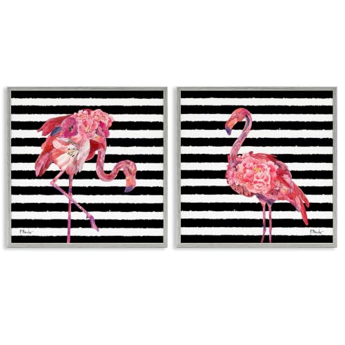 Bold Striped Flamingo Blossoms, 12 x 12 Inch Framed Giclée Print Set