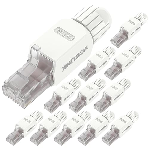 VCELINK Cat6A Tool-Free RJ45 Connector, 10 Gbps/500 MHz, Reusable UTP Gold-Plated Ethernet Plug for 23-26 AWG Network Cable