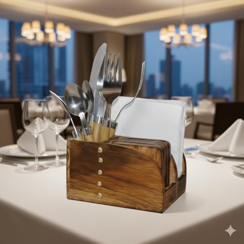 Image of Wooden Coaster Set with Cutlery and Tissue Holder, Kitchen Counter Organizer, Multipurpose Storage Solution