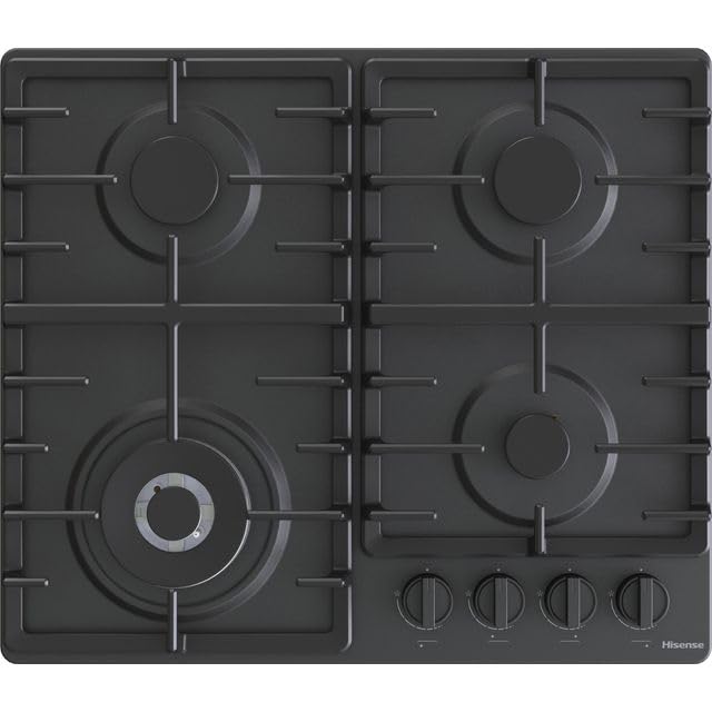 Hisense GM663BHF Plateau de cuisson à gaz, 4 zones de cuisson, largeur 60 cm, brûleur Wok double couronne et grilles en fonte, allumage intégré, noir