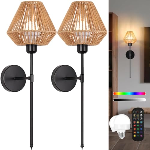 Image of Battery Operated Wall Sconces Set of 2, Rattan Rechargeable Wall Light Dimmable with Remote Control, 15 Color Changing and Timer, 24 inch Boho Black Gold Wall Lamps for Bedroom,Living Room