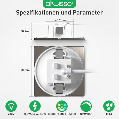 ALUSSO® 6er Set LED Treppenbeleuchtung 230V Dimmbar 3CCT Warmweiß Neutralweiß Kaltweiß Treppenlicht, 3WT 0.5W 1.5W 2.5W IP44 Treppenstufenbeleuchtung Treppenleuchte Wandeinbauleuchte, Eckig Nickel