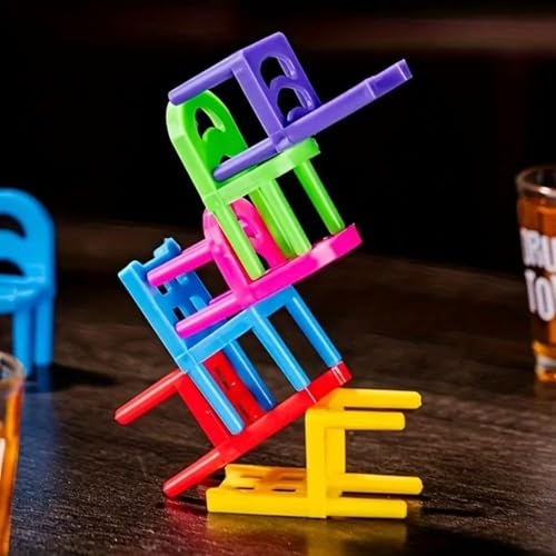 Image of Go Hooked Drunken Tower Stacking Chairs Game Set with 18 Mini Stools & 4 Shot Glasses - Fun Party Drinking Game for Adults, House Parties, Bars, College Nights & Festive Gatherings