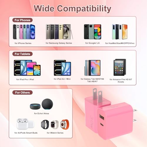 Image of Aolcev for iPhone Charger Fast Charging 2 in 1 USB A USB C Charger Block 30W Cute Type C Fast Charging Blocks for iPhone 17 16 15 14 13 for iPad USB C Charging Adapter for Galaxy S26 S25 Light Pink