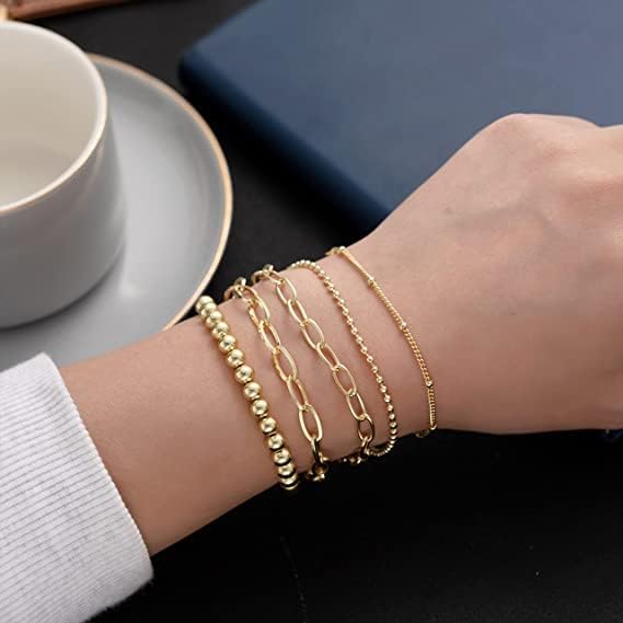 DI QIU REN Gold Bracelets Set for Women Adjustable 14K Gold Plated Dainty Beaded Paperclip Link Bracelet Set for Women