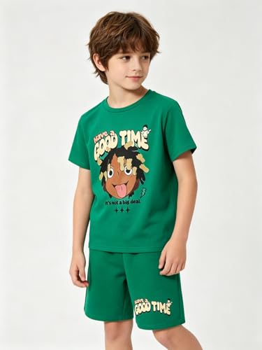 Image of Size 6-12 Years Boys Summer Outfits Set Kids Short Sleeve Top T-Shirt & Shorts Color Block Clothing Sets