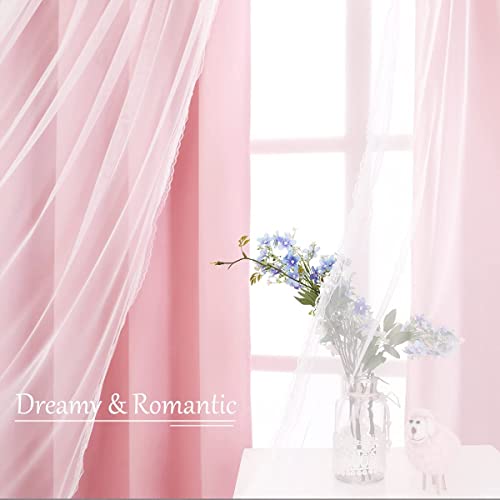 Image of Short Pink Curtains 63 Inch Long- Blackout Curtains with Voile Sheer Drapes Thermal Pink Window Treatments with Tie-Backs for Kids /Girls Bedroom Nursery Living Room, Elegant, 2 Panels