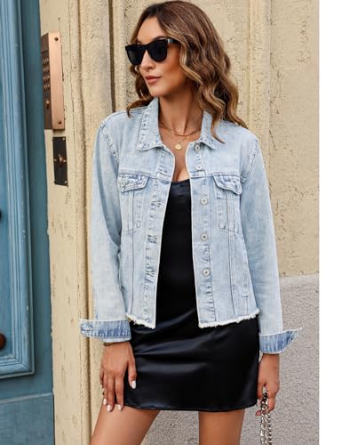 Image of luvamia Denim Jacket for Women Distressed Jean Jackets Button Up Vintage Western Trucker Jacket Frayed Hem Pockets