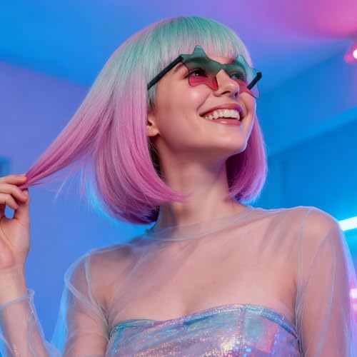 Image of ANOGOL Hair Cap + (Sunglasses) Teal Pink Gradient Bob Wig with Bangs Womens Party Wigs with Star-Shaped Glasses Short Neon Wig Daily Party Fun Wigs Women Halloween Costume Bachelorette Hair