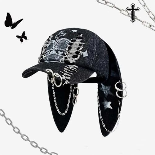 Image of Y2k Hat Punk Hats Denim Bunny Hat Chains Distressed Baseball Cap Kpop Outfits Y2k Grunge Hats for Women