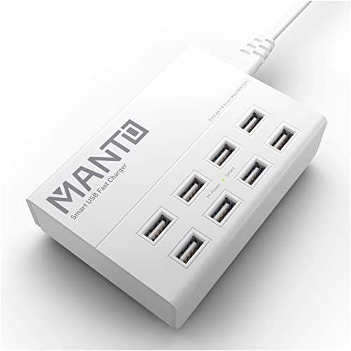 MANTO USB Charger, 60W 8 Port USB Charger Station Fast Charging Dock with 5ft Power Cord for Multi Devices, Multi Port USB Charging Hub for Smartphones Headphones Tablets (White)