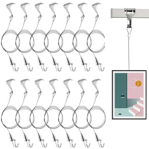 Image of Supkiir 14 Pack Picture Rail Hanging Kit, Sturdy Stainless Steel Adjustable Wire Hooks Kit, 66 lb(30 kg) Max Load Capacity Wall Hanging System for Frames Picture Artwork Display kit Silver