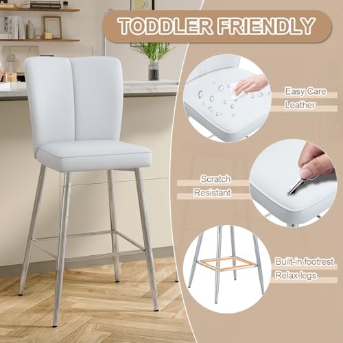 Image of Counter Height Bar Stools Set of 2,27''Kitchen Island Stools with Back,White Barstools with Sturdy Metal Legs,Modern Bar Stools Ideal for Kitchen Island Pub Cafe(Faux Leather-White)