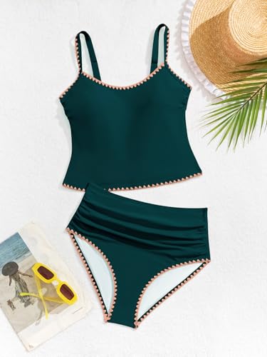 Image of Eomenie Tankini Swimsuit for Women Tummy Control Ruched Two Piece Bathing Suits High Waisted Shell Stitch Swimwear