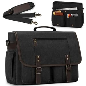 RAINSMORE Mens Messenger Bag 17-17.3 Inch Vintage Canvas Briefcase Water-resistant Large Computer Laptop Bag Rugged Satchel Shoulder Bag for Work Travel, Bookbag for College