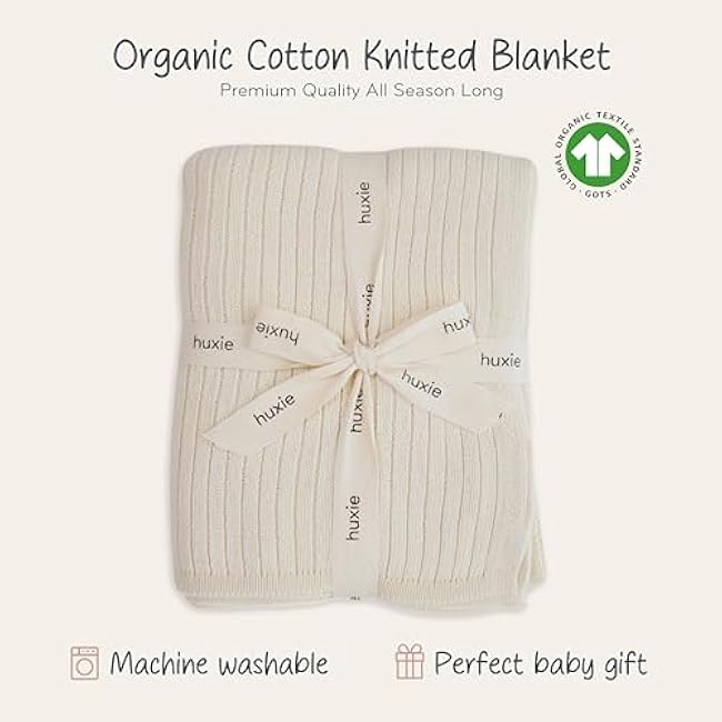 Knitted Organic Cotton Baby Blanket- Swaddle Blanket, 30 x 40 Soft Receiving Blanket for Newborn (Soft White)