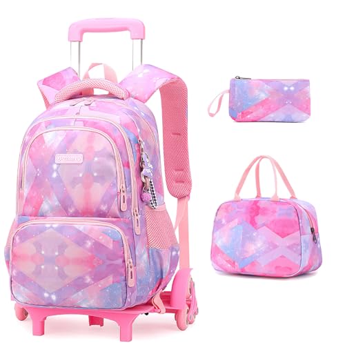 3pcs Mochilas con Ruedas Escolars Niñas Mochila con Carro Niña Trolley Mochila Infantil Ruedas Primaria Mochilas Escolares Niña con Ruedas Bolsas Escolares Rosa 30x20x42cm