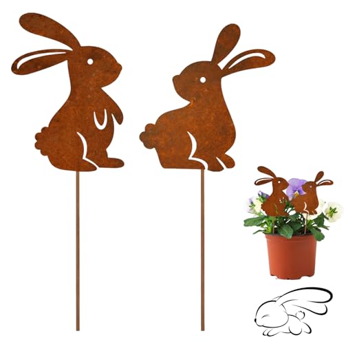 zurabini 2er Edelrost Oster Hase Gartenstecker Deko Rost, Osterhasen Gartendeko Rost Baumstecker für Garten Deko Outdoor Wetterfest Frühlingsdeko