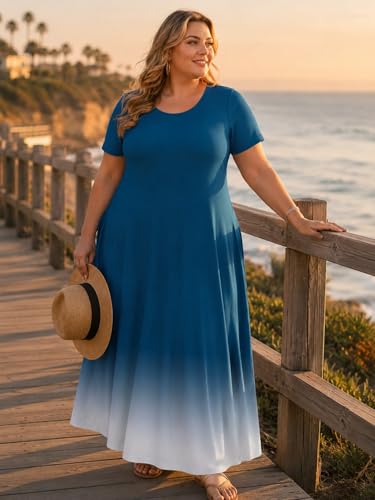 Image of PinkPatty Women's Plus Size Maxi Dresses Short Sleeve Sundress Summer T-Shirt Beach Long Dress with Pockets