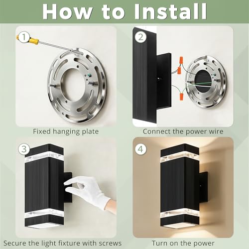 Image of JYV Square Outdoor Wall Lights, Up and Down Porch Lights, Black 4 Pack | Aluminum Exterior Lighting Fixtures with 2 * 7W Bulbs 3000K, Waterproof Outdoor Sconces Wall Lighting, for House Porch Garage