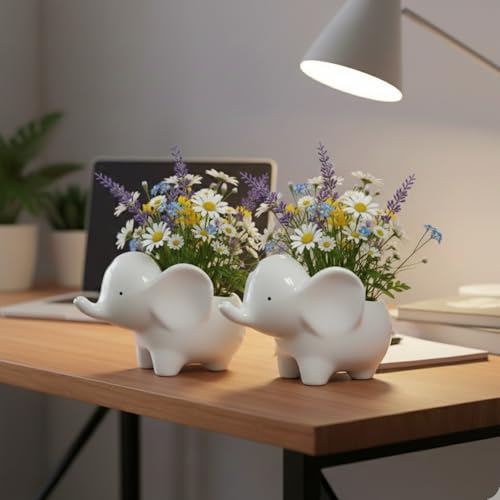 HANDECORA Ceramic Elephant Succulent Planter Pots - Set of 2, White Decorative Flower Vases for Indoor Home Decor, Office Desk, Living Room & Gifting - Cute Animal Shape Pots for Small Plants
