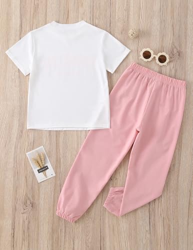 Image of Girl's Tracksuit Sets 2 Piece Outfits Trendy Cute T-shirt Matching Jogger Sweatpants Clothes Set Pink /White 11-12 Years