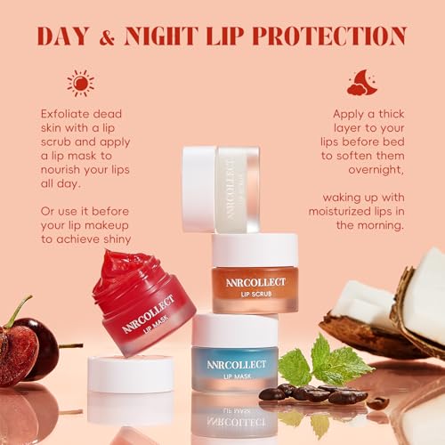 ANRCOLLECT Lip Scrub and Lip Mask Set- Lip Treatment Care Kit with 2 Lip Exfoliator Scrub & 2 Lip Butter Mask, Intense Hydration Set for Dry Chapped Cracked Lips (4 Pack)