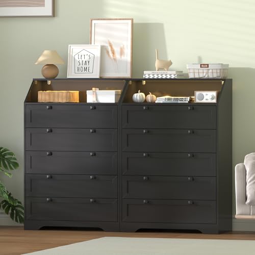 Image of Black Dresser Tall 5 Drawer Dresser for Bedroom, Wood Chest of Drawers with LED Lights, Charging Station, Metal Handles, Modern Storage Cabinet and Organizer Drawers for Living Room, Hallway